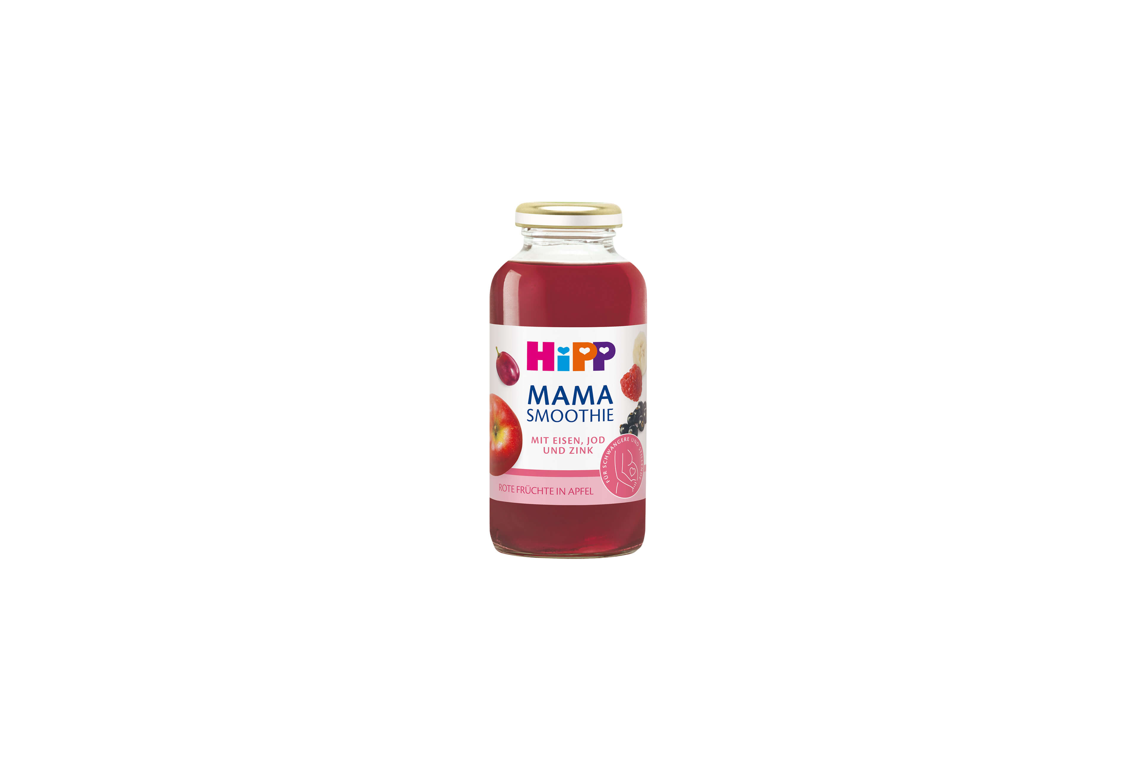 HiPP Mama Smoothie Rote Früchte in Apfel in Glasflasche mit rosa Etikett vor neutral grauem Hintergrund