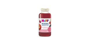 HiPP Mama Smoothie Rote Früchte in Apfel in Glasflasche mit rosa Etikett vor neutral grauem Hintergrund