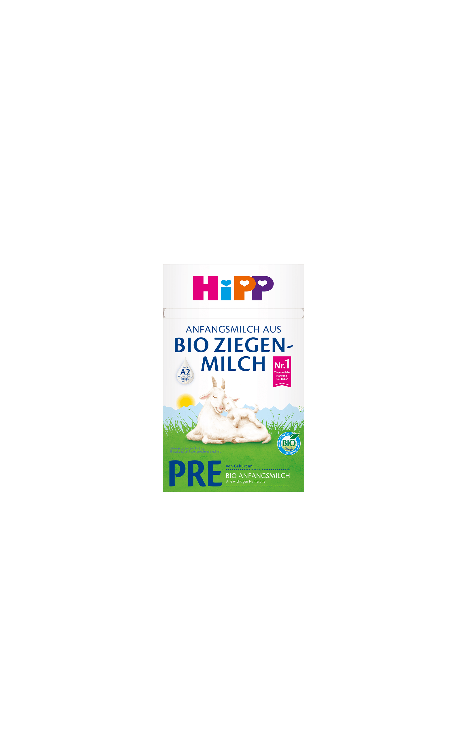 HiPP PRE Bio Anfangsmilch aus Bio Ziegenmilch Packung mit Ziege und Zicklein auf grüner Wiese vor blauem Himmel