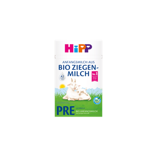 HiPP PRE Bio Anfangsmilch aus Bio Ziegenmilch Packung mit Ziege und Zicklein auf grüner Wiese vor blauem Himmel