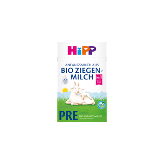 HiPP PRE Anfangsmilch aus Bio Ziegenmilch Packung mit Ziege und Zicklein auf grüner Wiese, A2 Bio-Babymilch ab Geburt