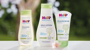 Eine Reihe von Babypflegeprodukten von Hipp, darunter eine Körperbutter, ein Massageöl und eine Körperlotion, die alle mit natürlichen Inhaltsstoffen gekennzeichnet sind und vor einer grünen Kulisse präsentiert werden.