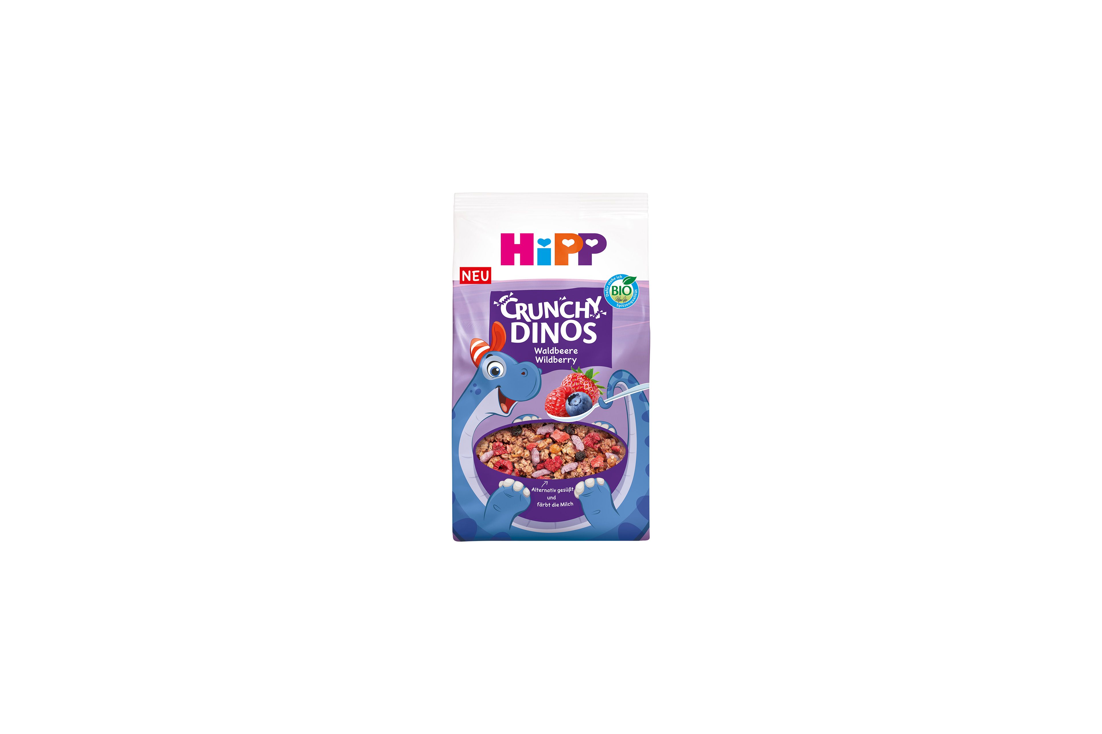 HiPP Crunchy Dinos Waldbeere Bio-Kinder-Cerealienpackung mit blauem Dino und Schüssel lila Waldbeer-Müsli auf lila Hintergrund