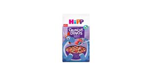 HiPP Crunchy Dinos Waldbeere Bio-Kinder-Cerealienpackung mit blauem Dino und Schüssel lila Waldbeer-Müsli auf lila Hintergrund