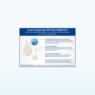 Infografik zur Zusammensetzung von HiPP BIO COMBIOTIK mit Erklärungen zu natürlichen Milchsäurekulturen, Laktose und strengen Qualitätskontrollen.