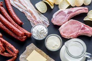 Eine Vielzahl von Fleischprodukten, darunter Würstchen, Speck und Schweinekoteletts, begleitet von Milchprodukten wie Sahne und Butter und einigen Snack-Chips.