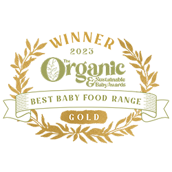 Gold award badge reading “Organic Best Baby Food Range – Gold” in a laurel wreath design