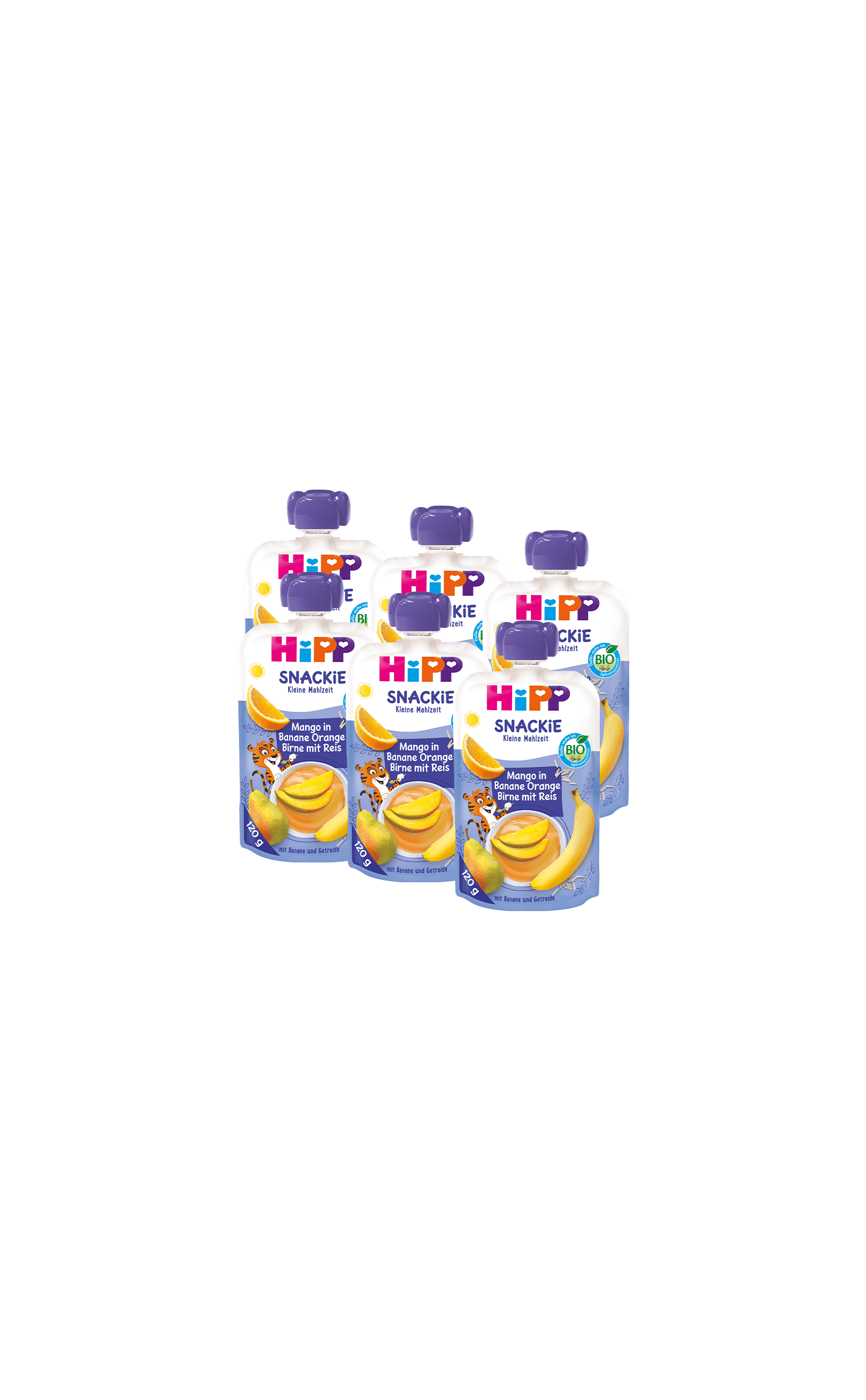 6er-Pack HiPP Snackie Quetschbeutel Mango in Banane, Orange, Birne mit Reis für kleine Zwischenmahlzeiten