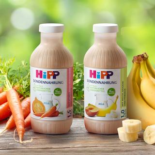 HiPP Sondennahrung Flaschen mit Karotte-Kürbis- und Milch-Banane-Pfirsich-Geschmack, arrangiert mit frischem Gemüse und Obst