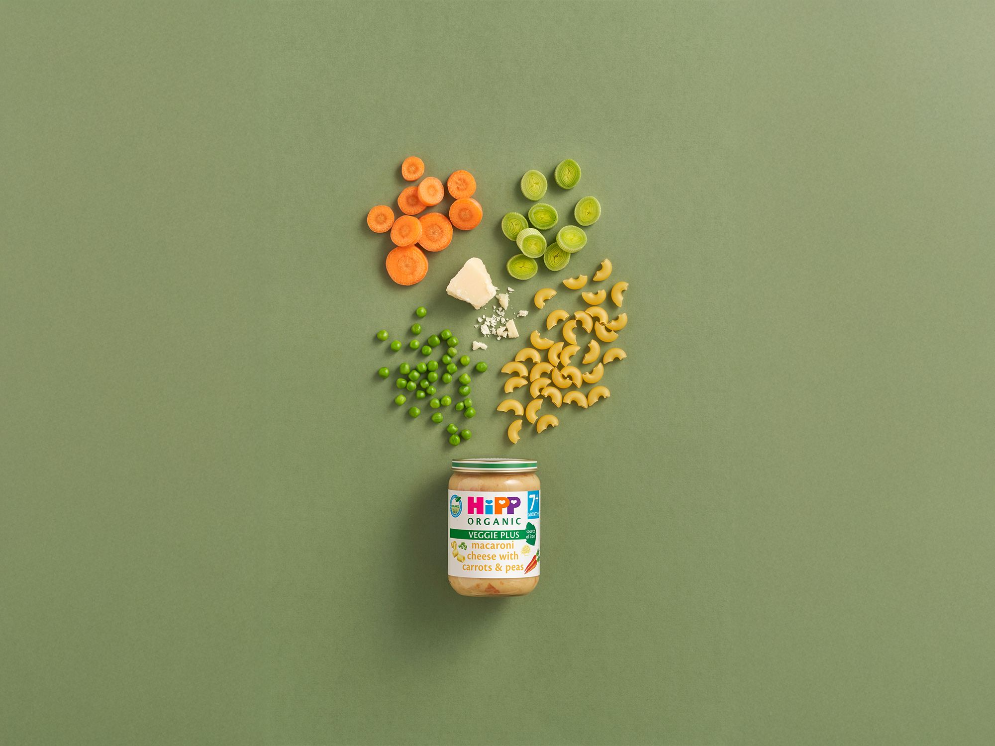 HiPP Organic Macaroni Cheese with Carrots & Peas jar surrounded by pasta, carrots, peas, leeks and cheese on a green background
