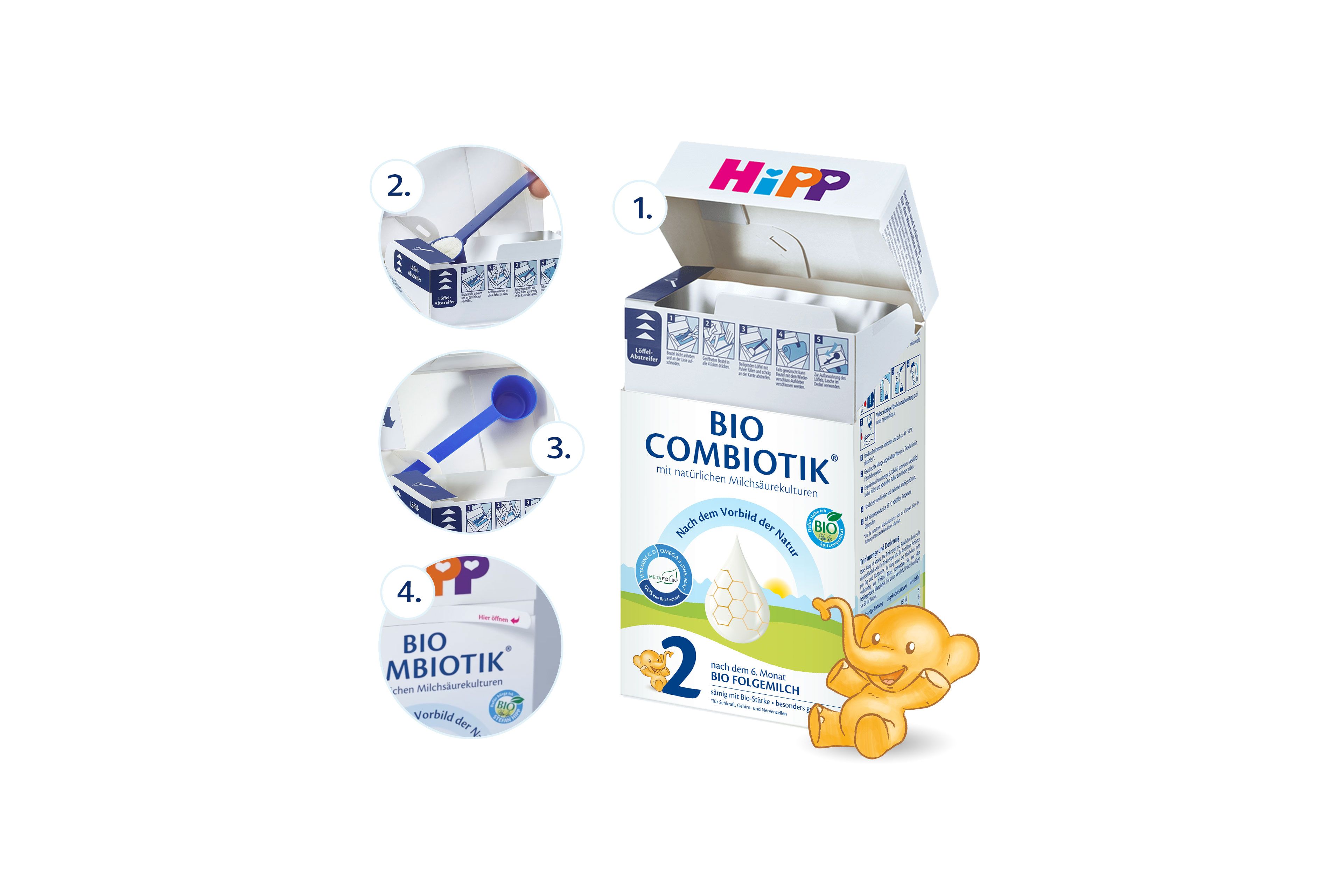 Eine Produktbox für 'BIO COMBIOTIK' mit einer visuellen Anleitung zur Verwendung des Produkts und einer animierten Elefantenfigur auf der rechten Seite.