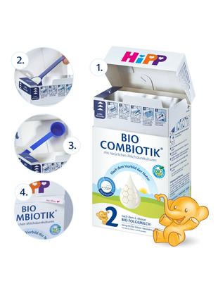 Eine Produktbox für 'BIO COMBIOTIK' mit einer visuellen Anleitung zur Verwendung des Produkts und einer animierten Elefantenfigur auf der rechten Seite.