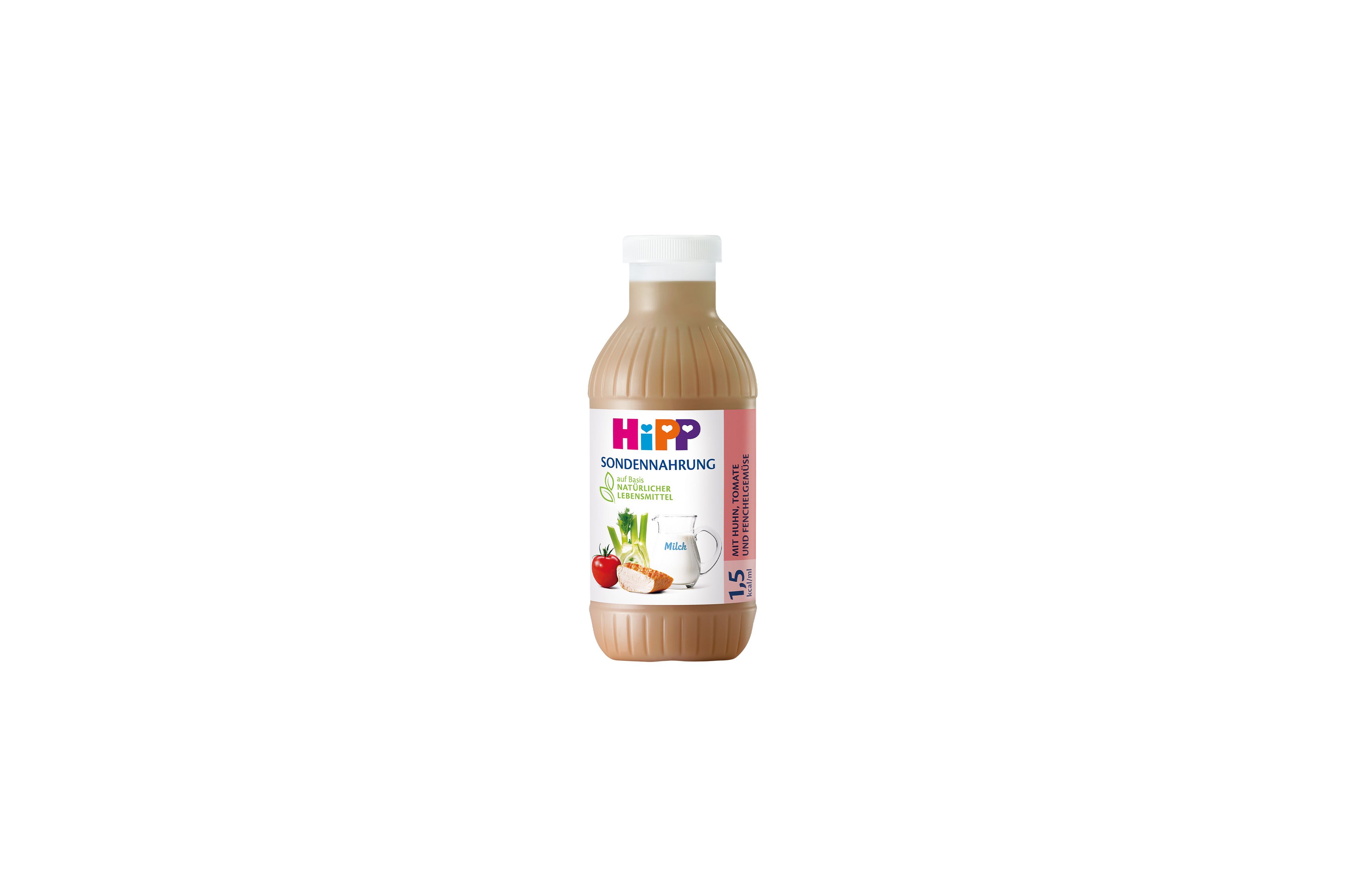 HiPP Sondennahrung 1,5 kcal/ml in Flasche, Sorte Huhn mit Tomate und Fenchelgemüse, vor weißem Hintergrund