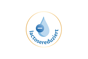 Rundes Symbol mit blauem Minuszeichen und dem Text 'lactosereduziert'