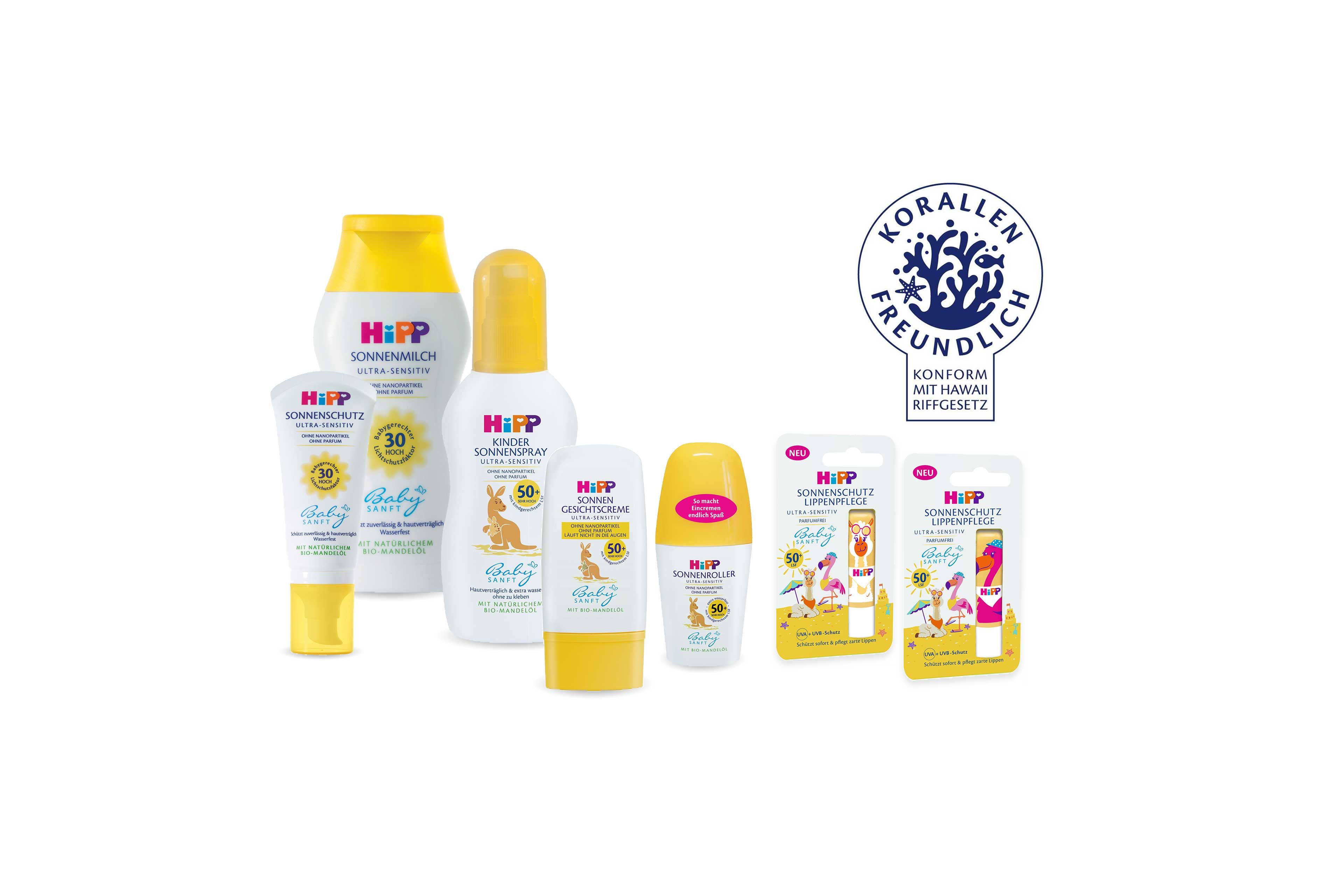 HiPP Babysanft Sonnenschutzsortiment für Babys und Kinder mit LSF 30–50+ und korallenfreundlichem Siegel auf weißem Hintergrund