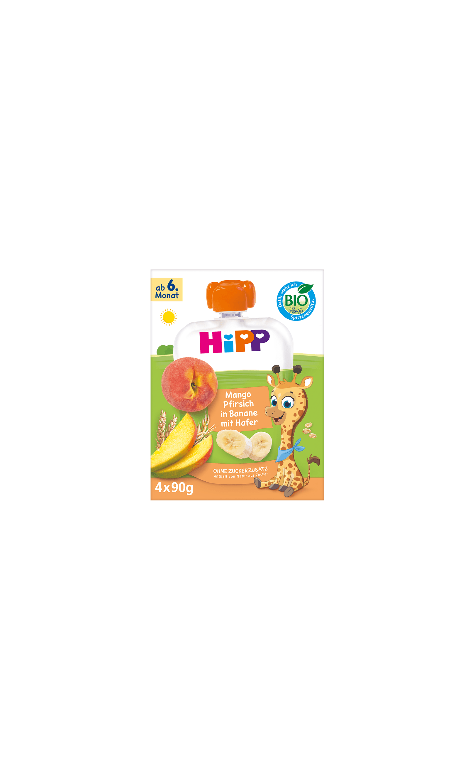 HiPP Bio Fruchtporridge Quetschie Mango Pfirsich in Banane mit Hafer, 4x90g, ab 6. Monat mit Giraffenmotiv auf der Packung