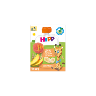 HiPP Bio Fruchtporridge Quetschie Mango Pfirsich in Banane mit Hafer, 4x90g, ab 6. Monat mit Giraffenmotiv auf der Packung
