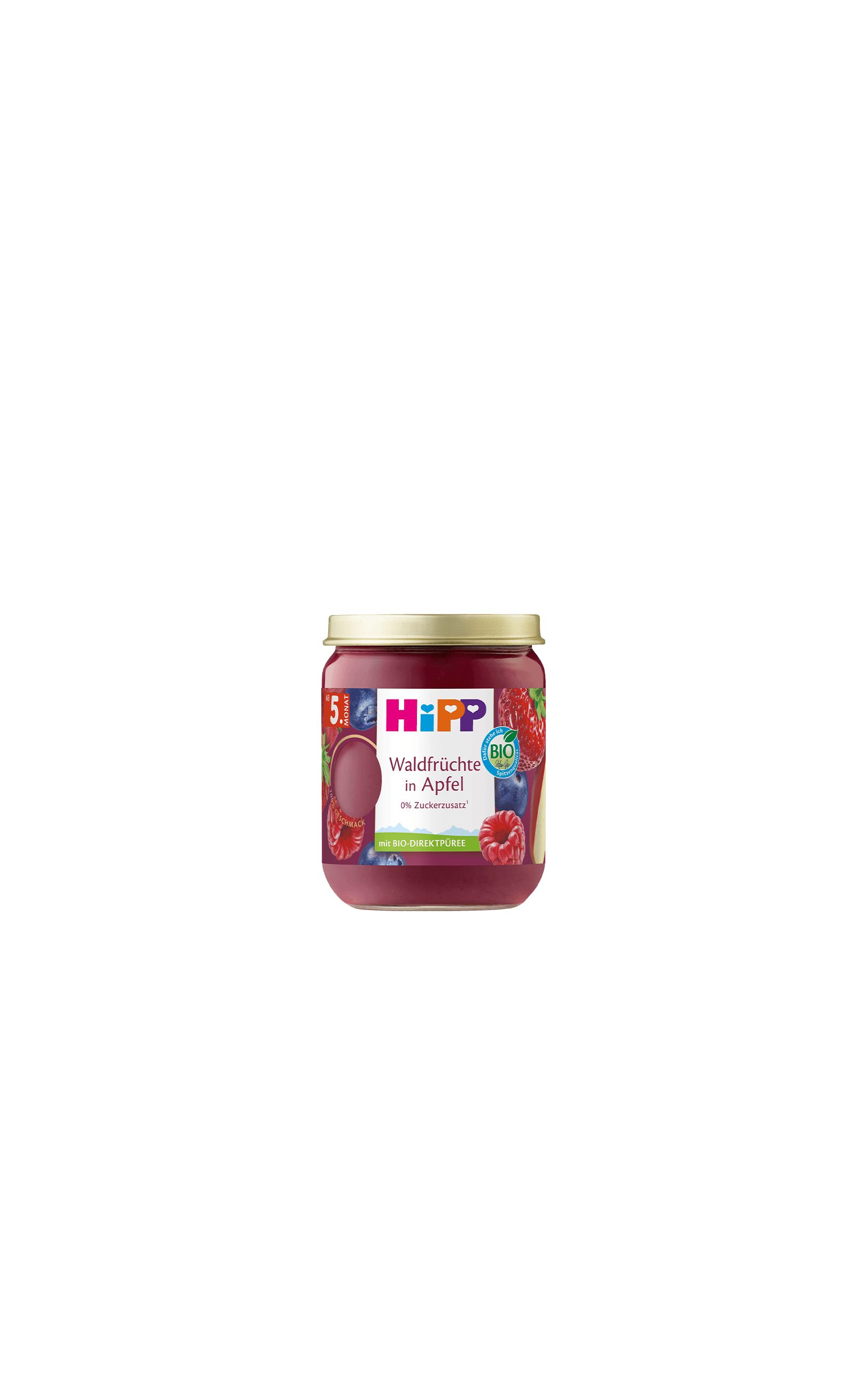 HiPP Bio-Gläschen „Waldfrüchte in Apfel“, rotes Fruchtpüree ab 5. Monat, ohne Zuckerzusatz auf weißem Hintergrund