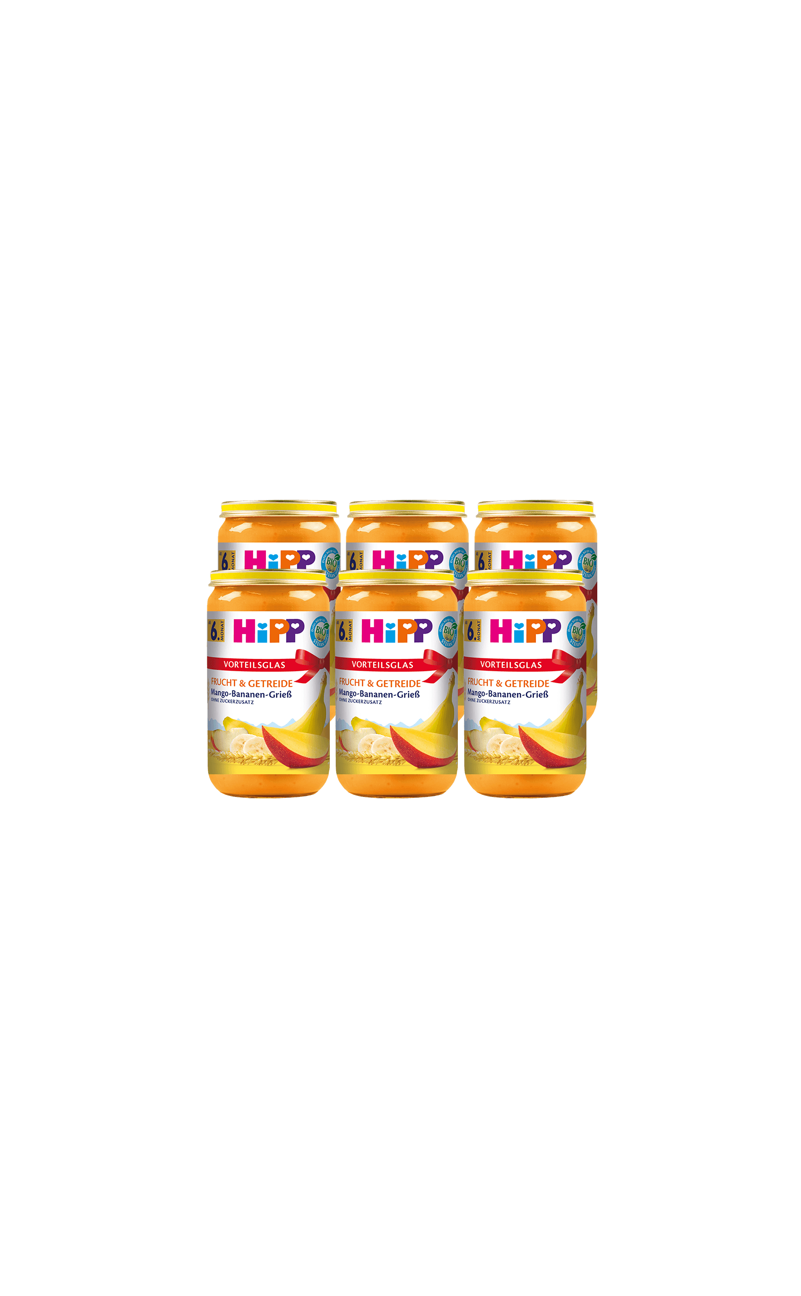 Sechserpack HiPP Frucht & Getreide Mango-Bananen-Grieß im Vorteilsglas, 6×250g Babybrei ab 6. Monat