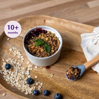 Apple, blueberry and pear oat crumble in a baby bowl on a wooden tray with oats, blueberries and a 10+ months label