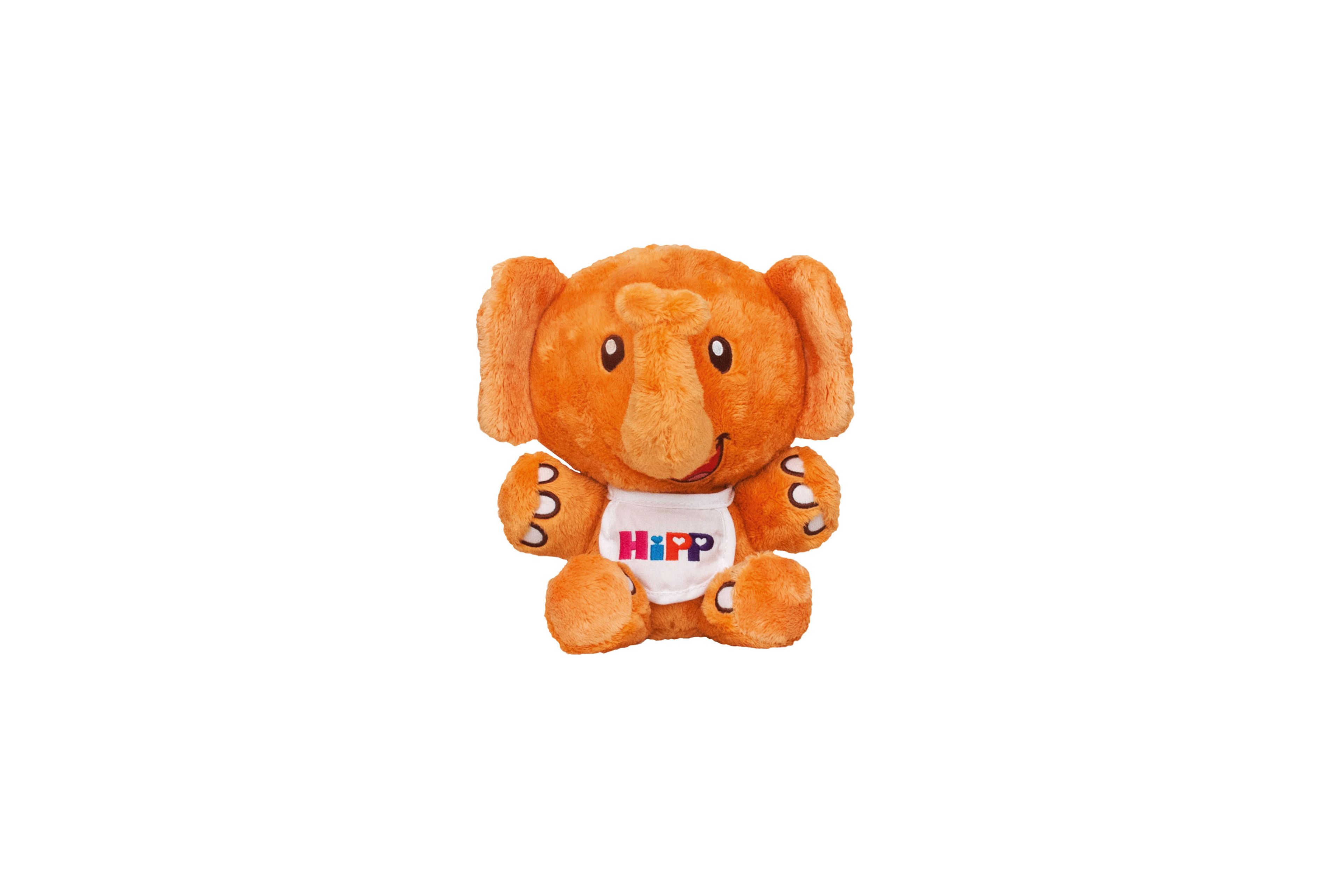Orangefarbener Plüsch-HiPPofant mit großen Ohren und weißem Lätzchen mit buntem HiPP Logo