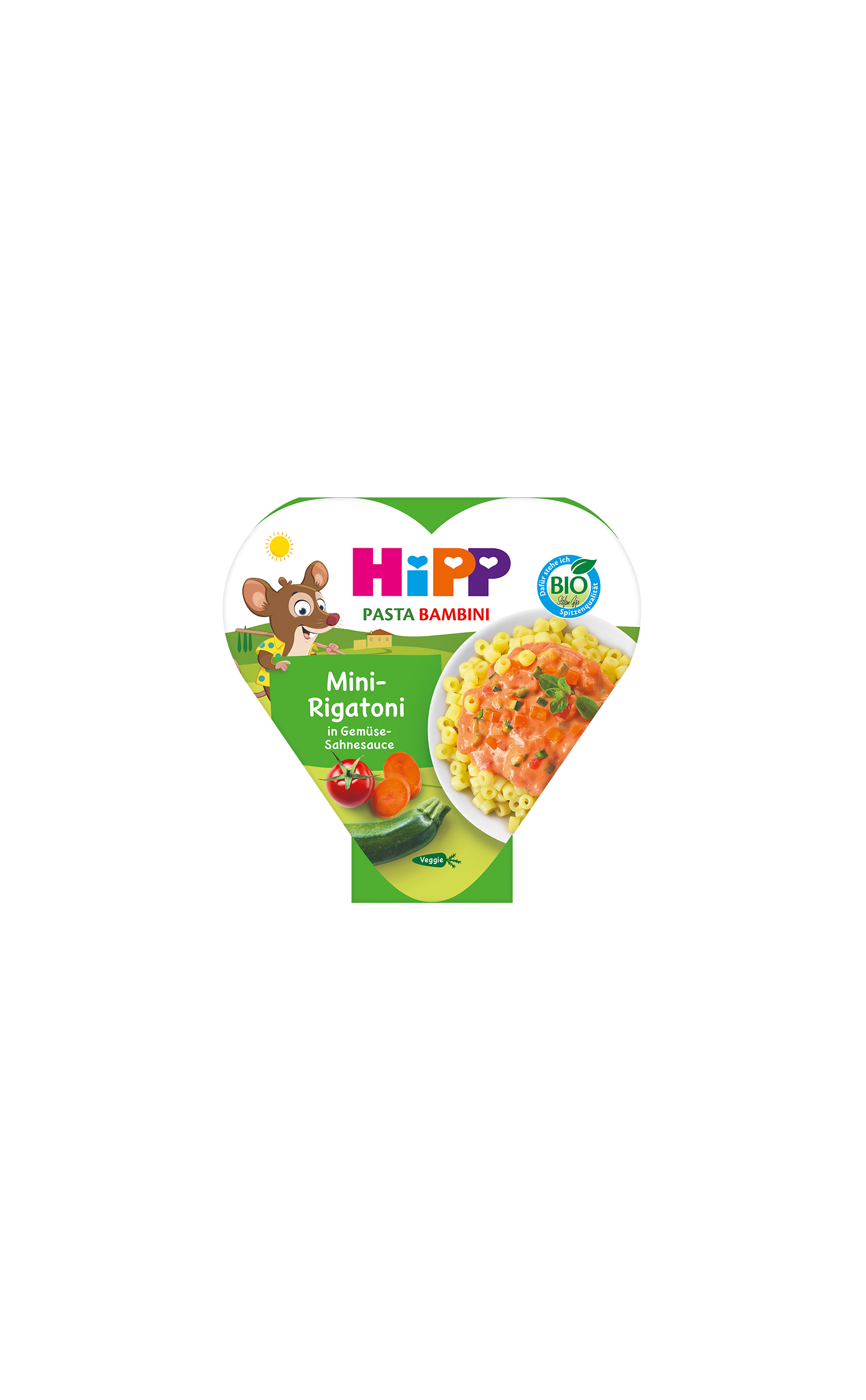 HiPP Pasta Bambini Mini-Rigatoni in Gemüse-Sahnesauce, herzförmige 250-g-Schale