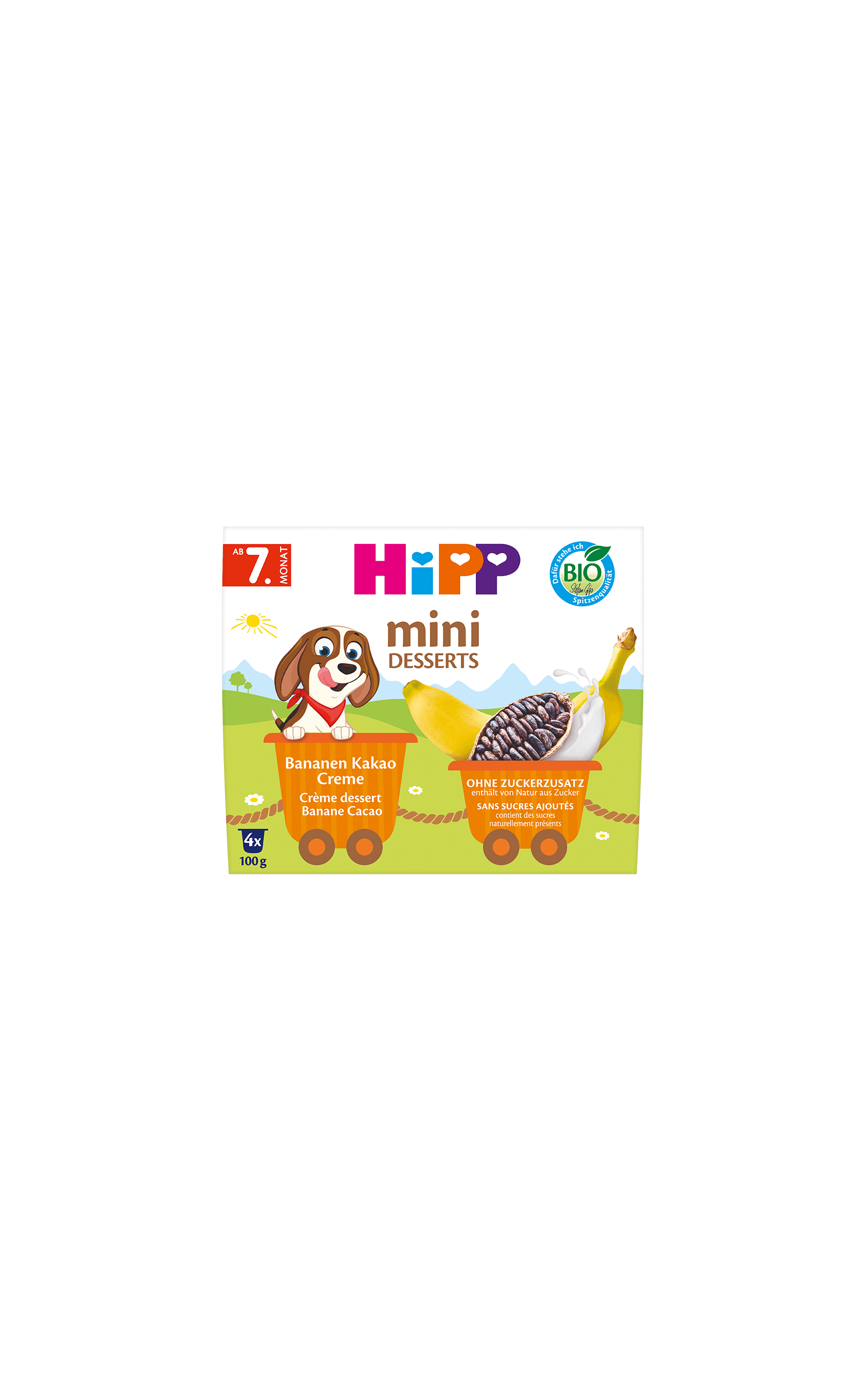 HiPP Mini Desserts Bananen Kakao Creme Packung, Bio-Nachtisch ab 7. Monat ohne Zuckerzusatz, 4x100g Becher