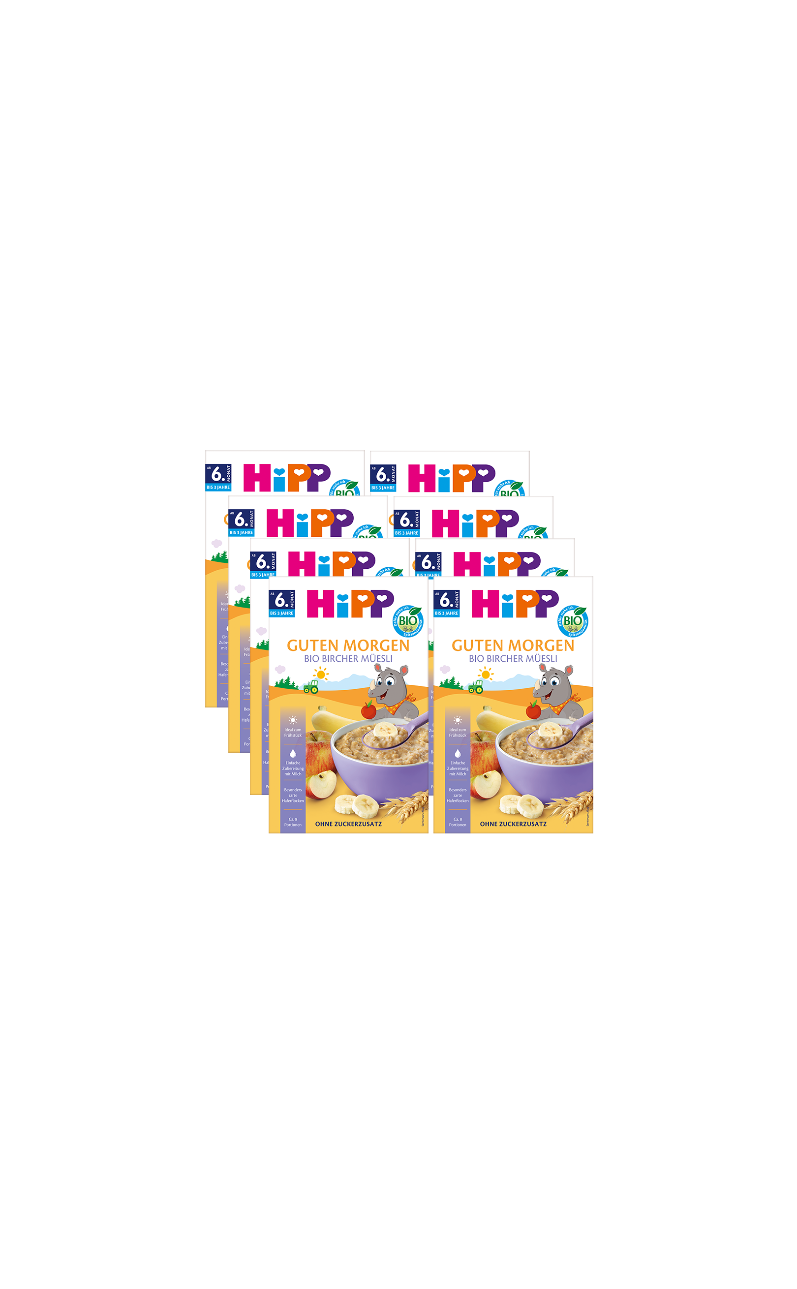 8er-Pack HiPP Guten Morgen Bio Baby Bircher Müsli ab 6 Monaten mit Apfel, Banane und Getreide auf der Verpackung