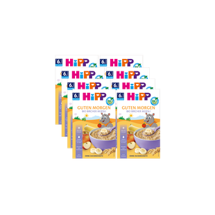 8er-Pack HiPP Guten Morgen Bio Baby Bircher Müsli ab 6 Monaten mit Apfel, Banane und Getreide auf der Verpackung