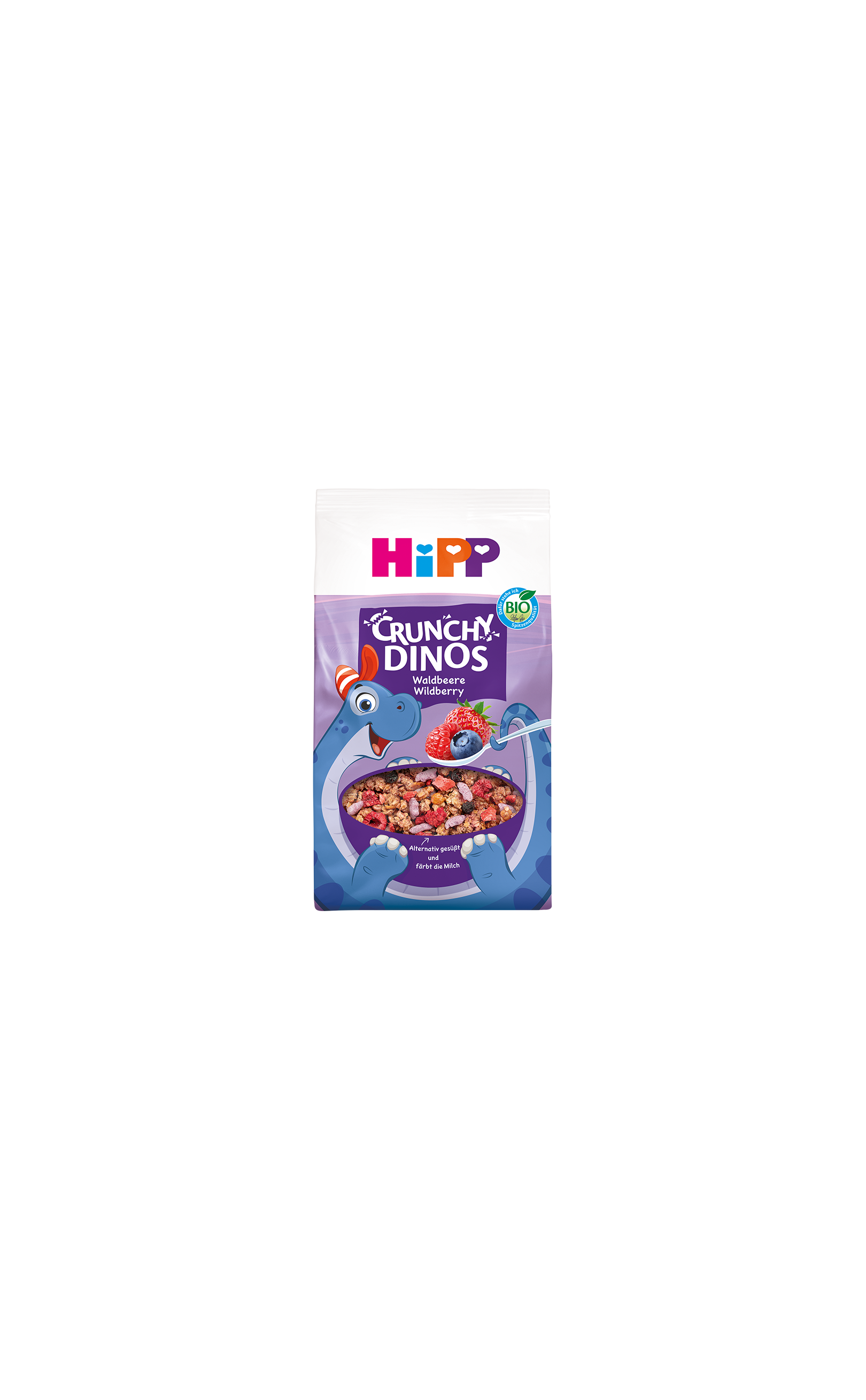 HiPP Crunchy Dinos Waldbeere Bio-Kinder-Cerealienpackung mit blauem Dino und Schüssel lila Waldbeer-Müsli auf lila Hintergrund
