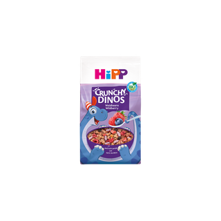 HiPP Crunchy Dinos Waldbeere Bio-Kinder-Cerealienpackung mit blauem Dino und Schüssel lila Waldbeer-Müsli auf lila Hintergrund