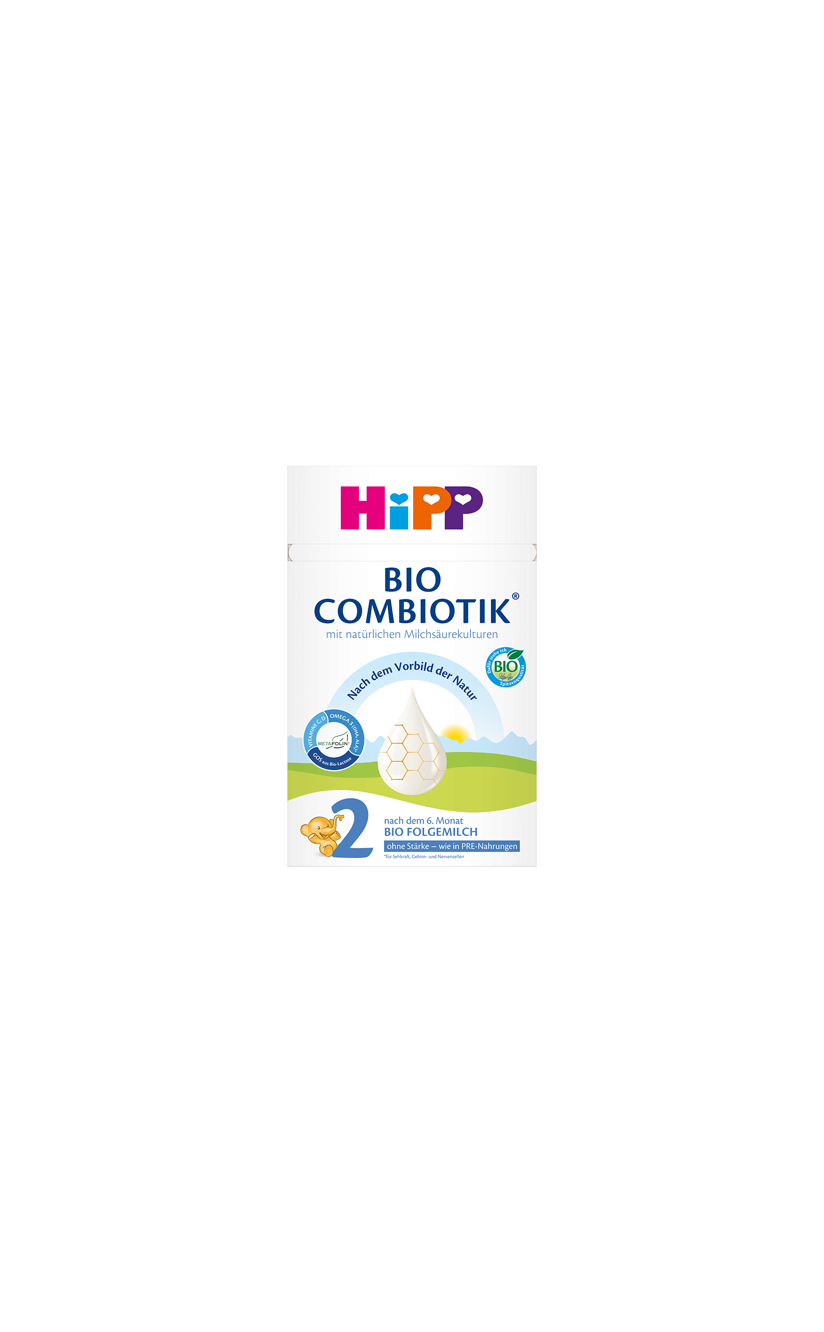 HiPP Bio Combiotik 2 Bio Folgemilch Packung 600g für Babys nach dem 6. Monat auf schwarzem Hintergrund