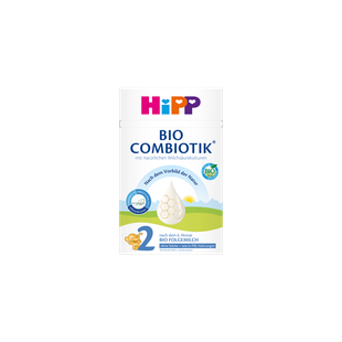 HiPP Bio Combiotik 2 Bio Folgemilch Packung 600g für Babys nach dem 6. Monat auf schwarzem Hintergrund