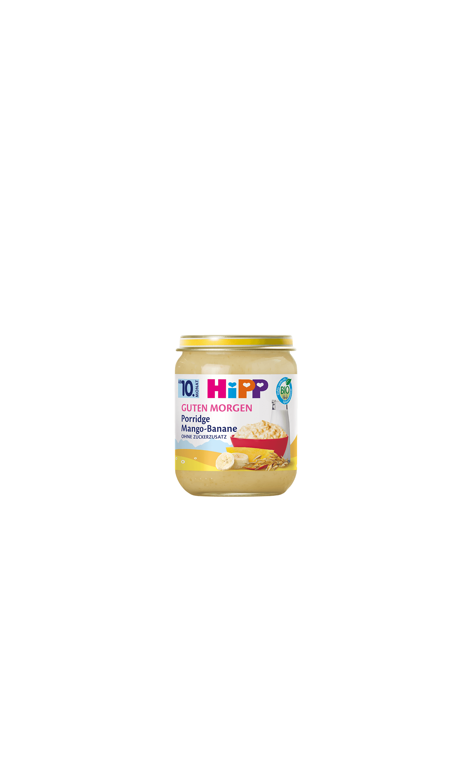HiPP Guten Morgen Bio-Porridge Mango-Banane im Glas für Babys, ohne Zuckerzusatz, vor schwarzem Hintergrund freigestellt