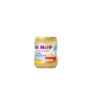 HiPP Guten Morgen Bio-Porridge Mango-Banane im Glas für Babys, ohne Zuckerzusatz, vor schwarzem Hintergrund freigestellt