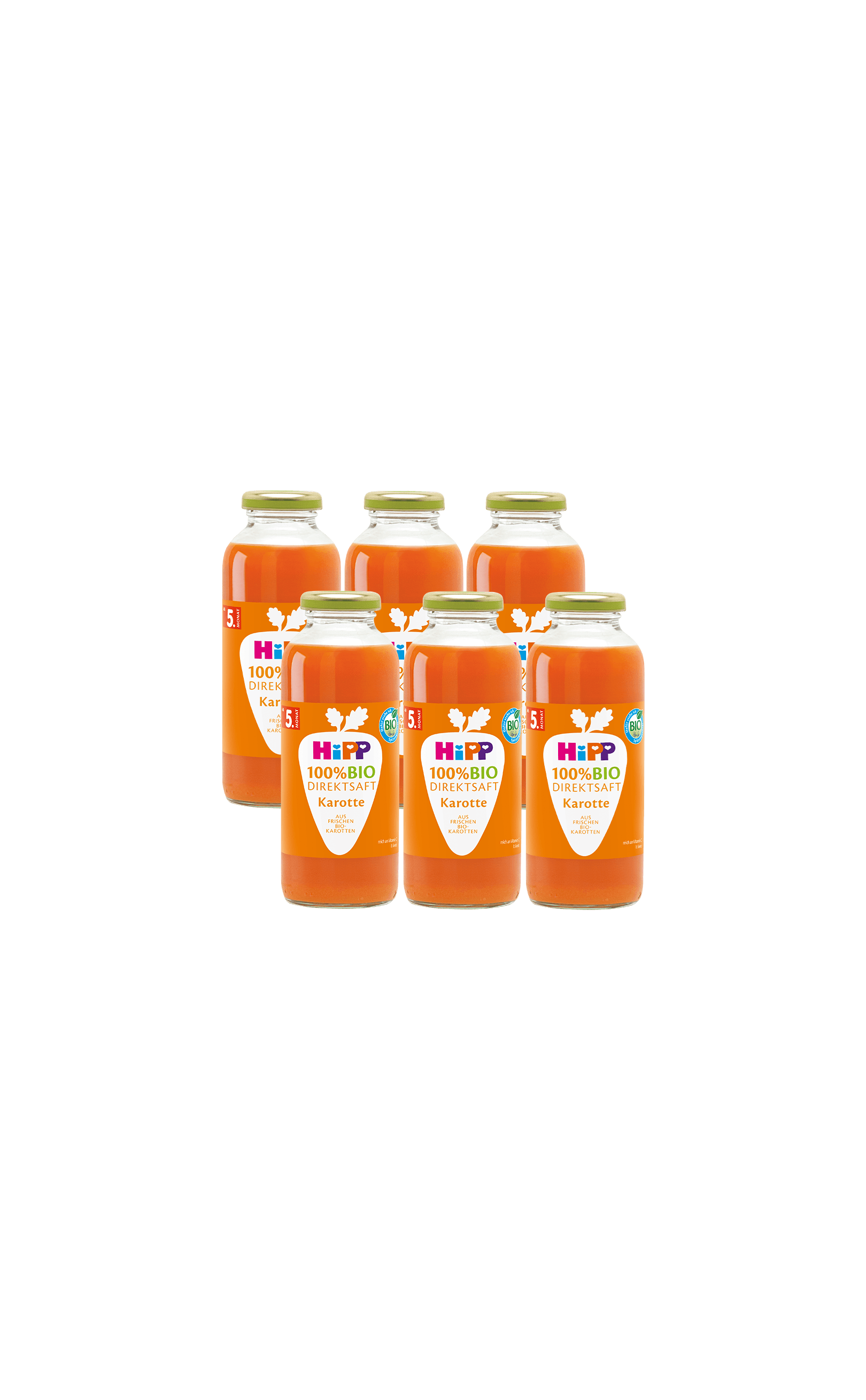 Sechserpack HiPP 100% Bio Karottensaft in 330-ml-Flaschen, schonend für Babys und praktisch auf Vorrat für Eltern
