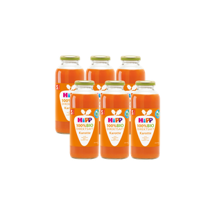 Sechserpack HiPP 100% Bio Karottensaft in 330-ml-Flaschen, schonend für Babys und praktisch auf Vorrat für Eltern