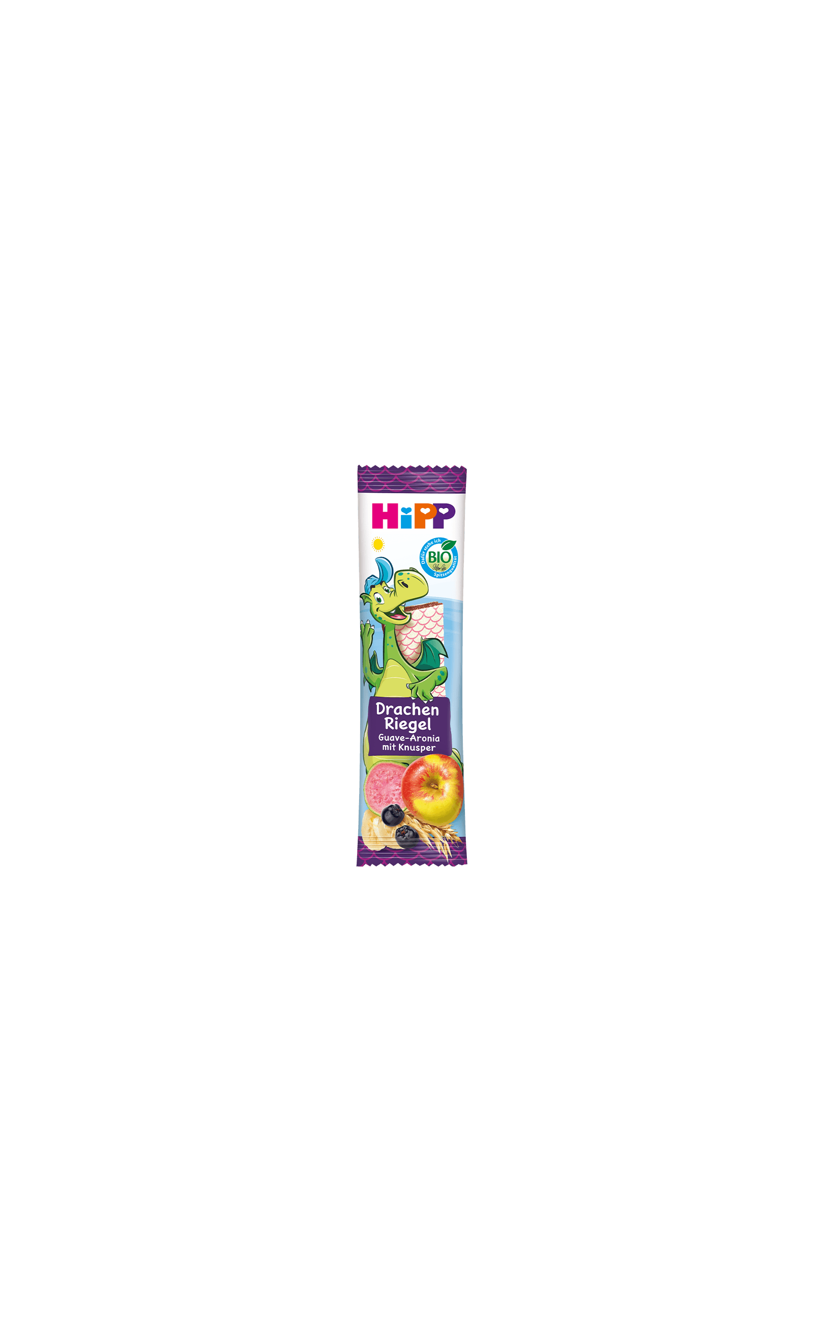 HiPP Drachen Riegel Guave-Aronia mit Knusper in bunter Kinderverpackung mit Drachenmotiv und Früchten auf der Vorderseite