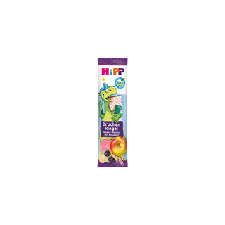 HiPP Drachen Riegel Guave-Aronia mit Knusper in bunter Kinderverpackung mit Drachenmotiv und Früchten auf der Vorderseite