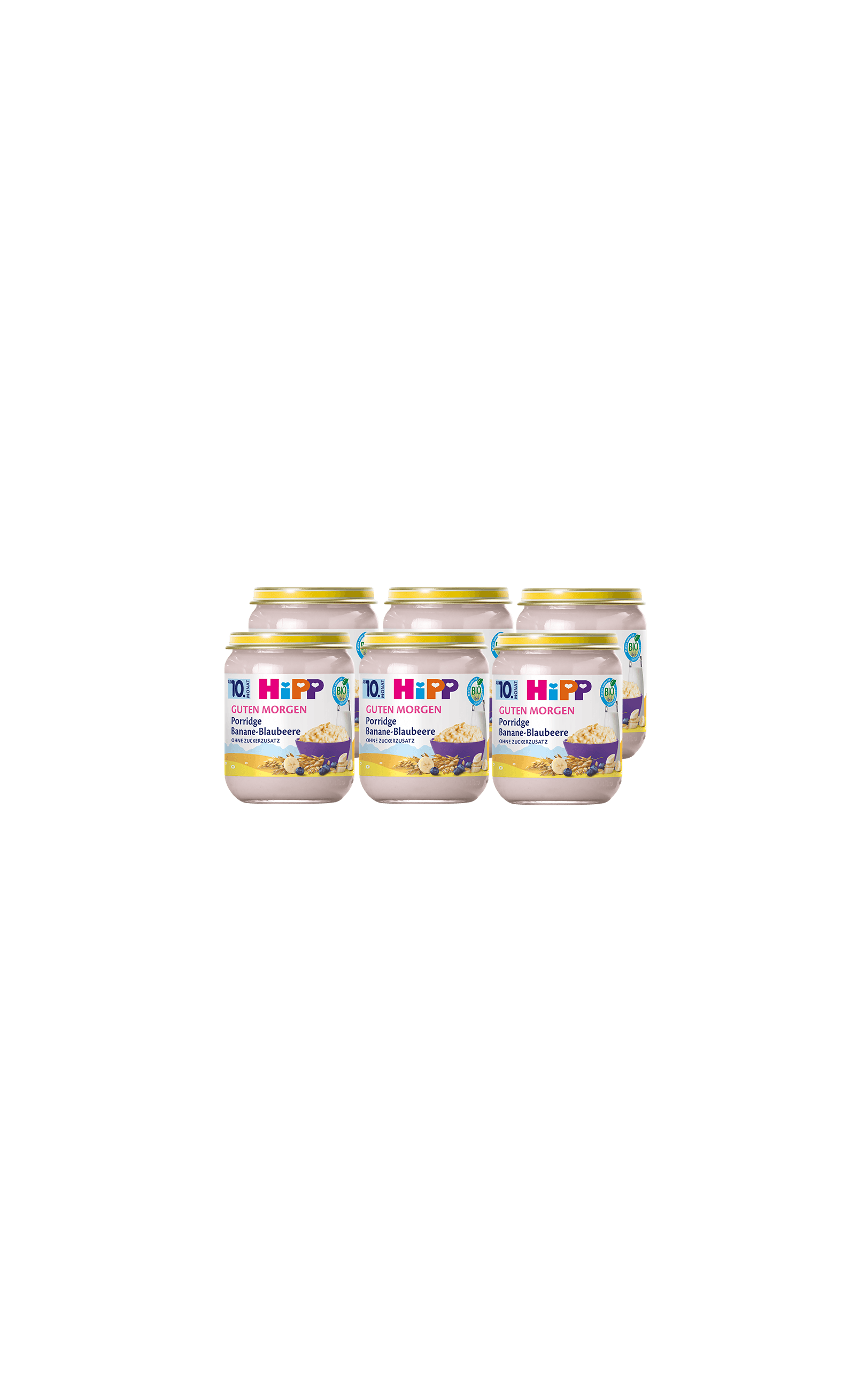 Sechserpack HiPP Guten Morgen Porridge Banane-Blaubeere im 160g-Glas, nebeneinander vor schwarzem Hintergrund angeordnet