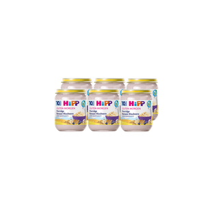 Sechserpack HiPP Guten Morgen Porridge Banane-Blaubeere im 160g-Glas, nebeneinander vor schwarzem Hintergrund angeordnet