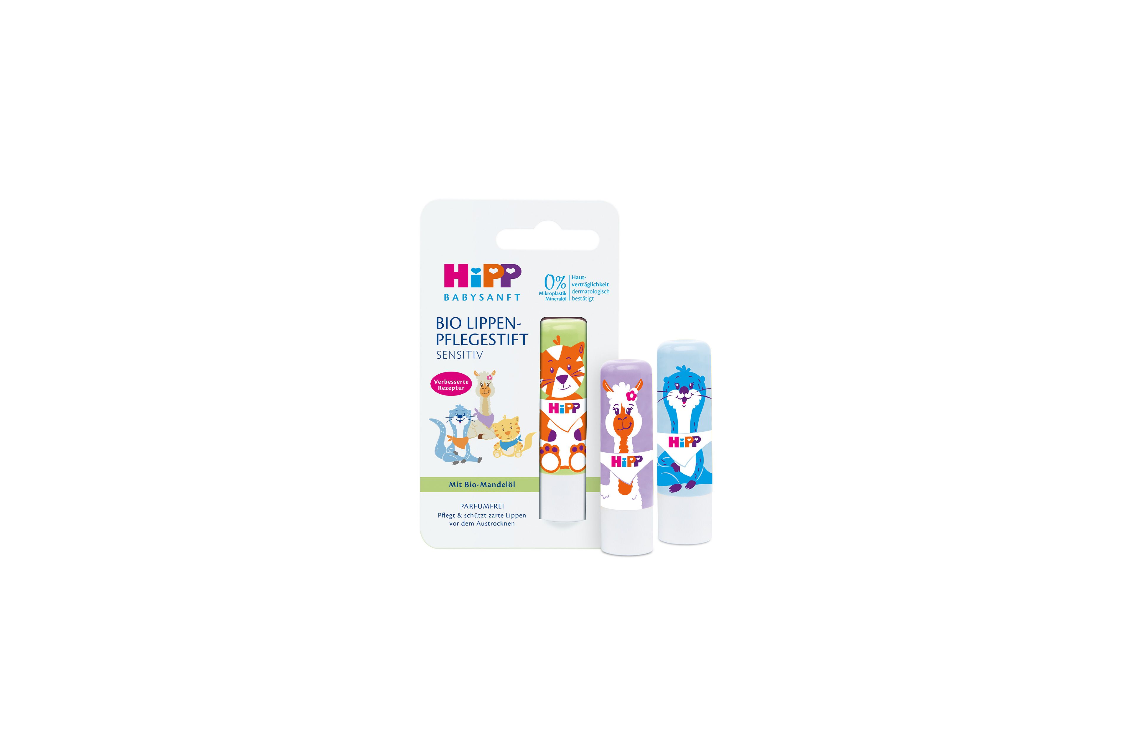 HiPP Babysanft Bio Lippen-Pflegestift sensitiv mit bunten Tiermotiven für Kinder, parfumfrei mit Bio-Mandelöl