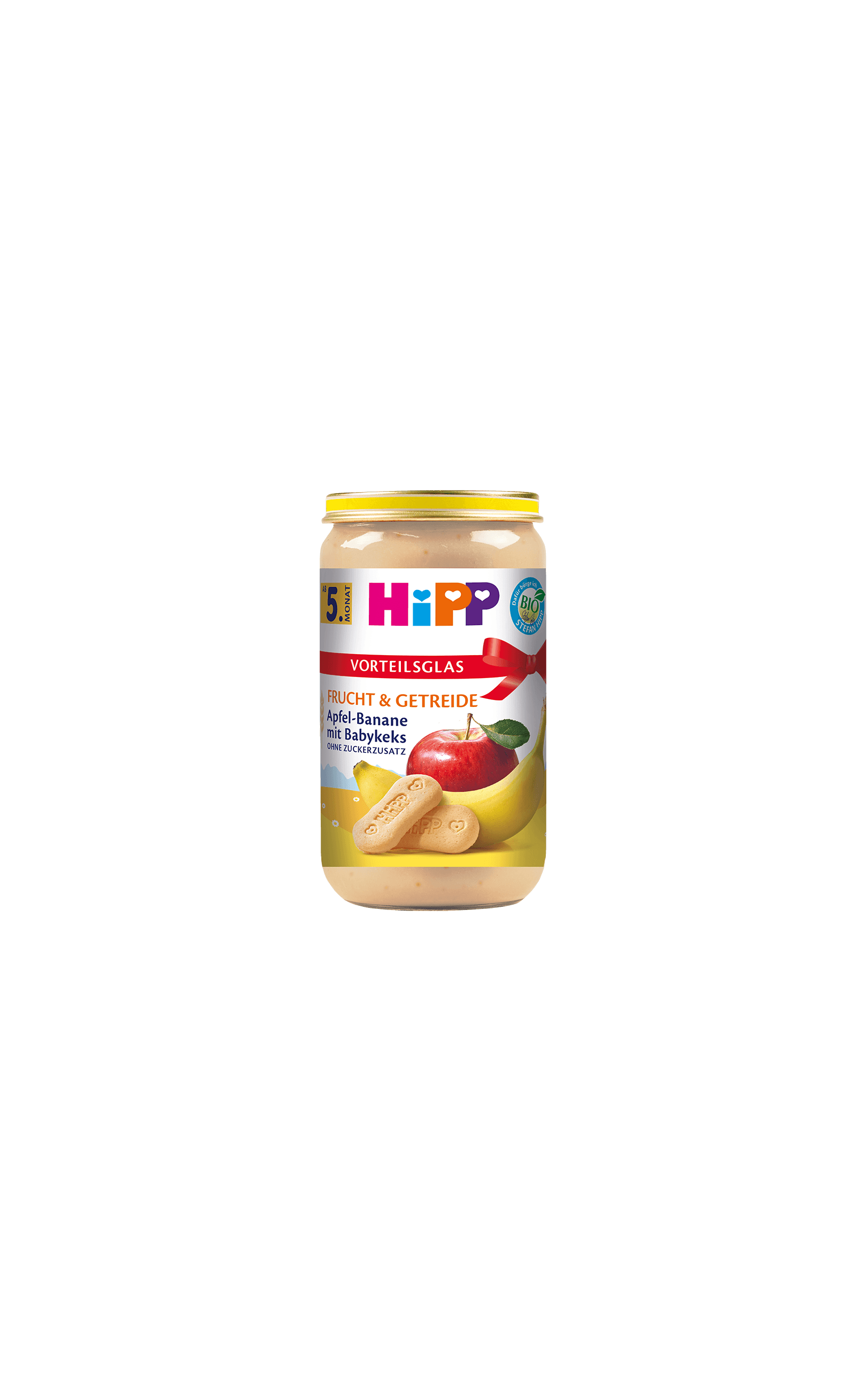 HiPP Frucht & Getreide Glas Apfel-Banane mit Babykeks 250g, Bio-Babybrei ab 5. Monat auf weißem Hintergrund