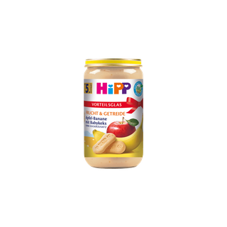 HiPP Frucht & Getreide Glas Apfel-Banane mit Babykeks 250g, Bio-Babybrei ab 5. Monat auf weißem Hintergrund