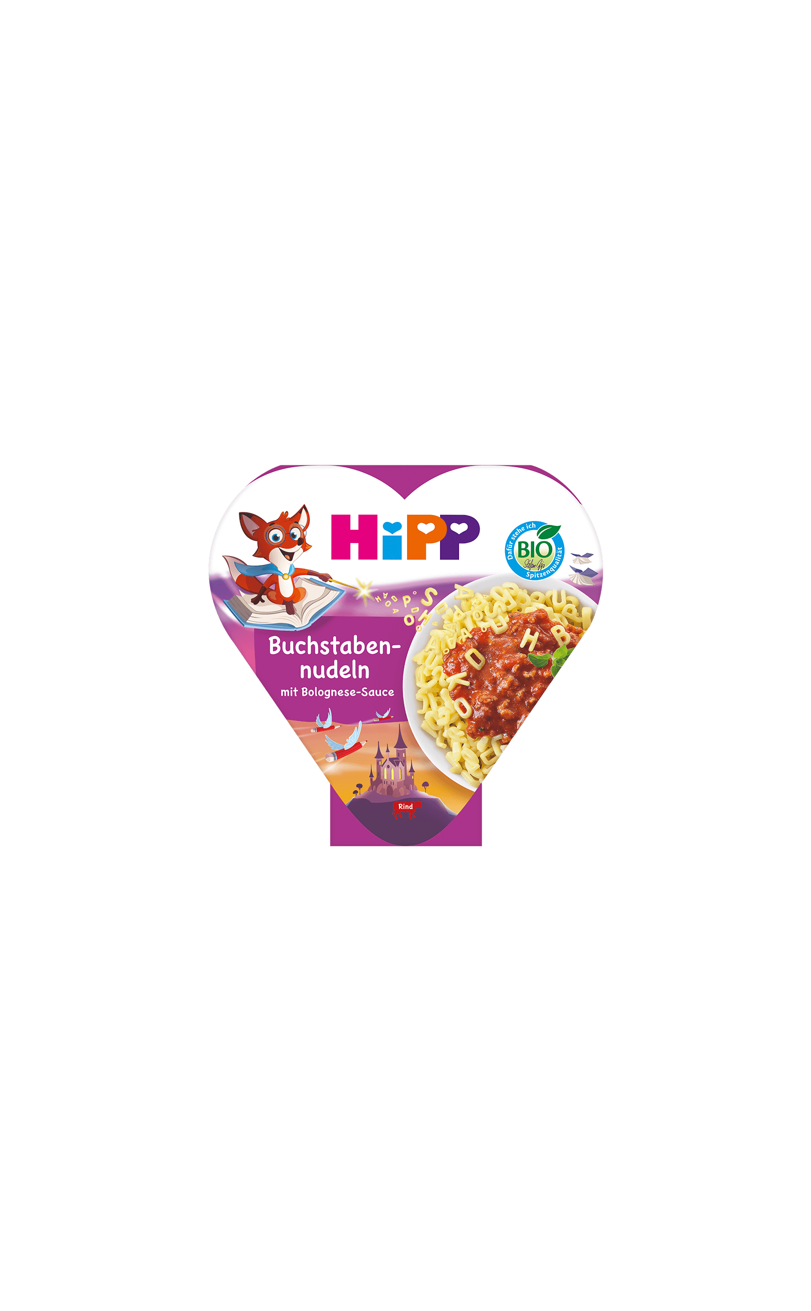 HiPP Bio Herzchen-Schale Buchstabennudeln mit Bolognese-Sauce für Kinder, Verpackung mit Fuchs-Motiv und Nudelgericht-Abbildung