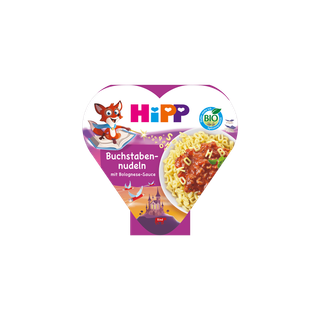 HiPP Bio Herzchen-Schale Buchstabennudeln mit Bolognese-Sauce für Kinder, Verpackung mit Fuchs-Motiv und Nudelgericht-Abbildung