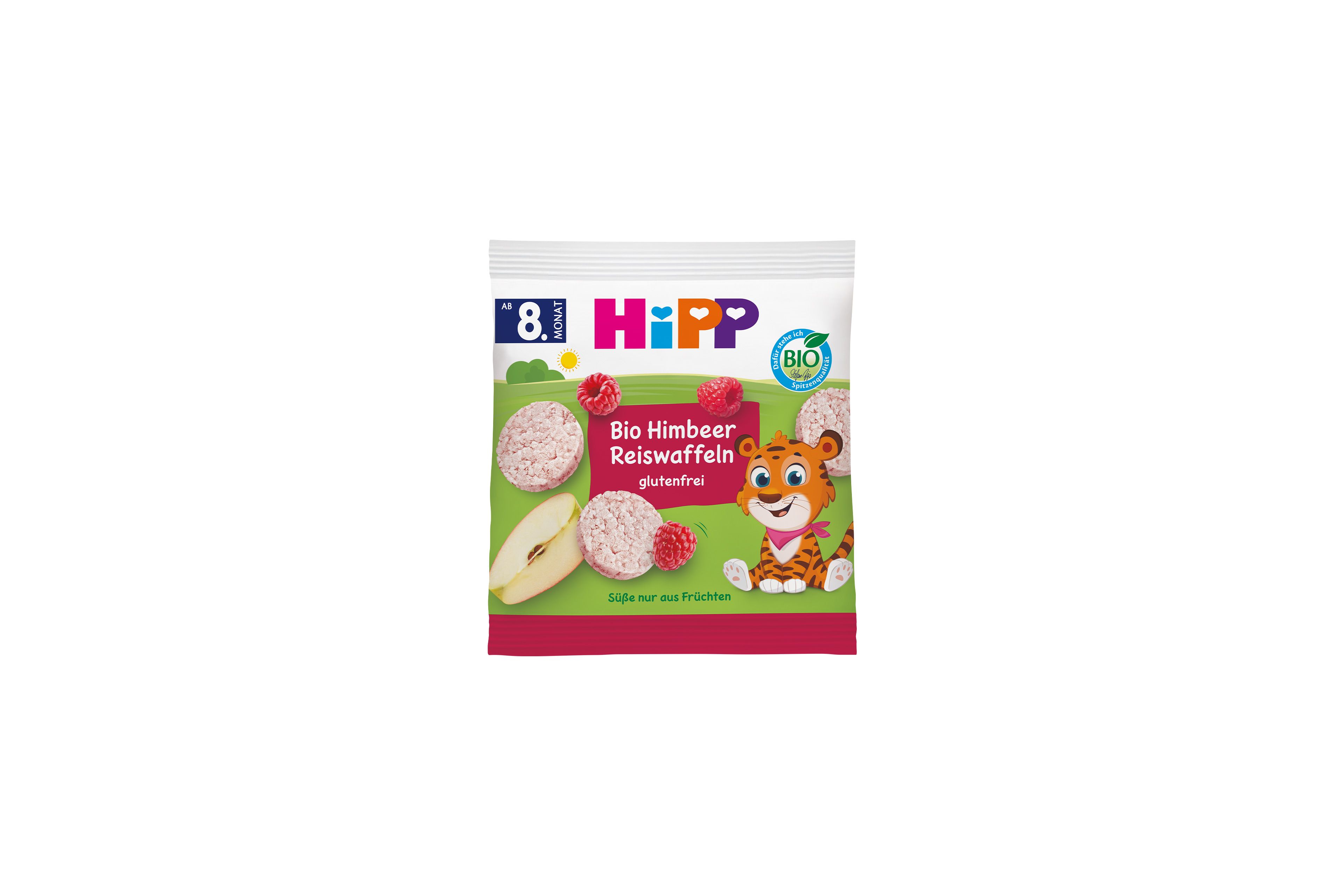 HiPP Bio Himbeer Reiswaffeln für Babys ab 8 Monaten, glutenfreie Reiswaffeln mit Himbeeren in bunter Tütenverpackung