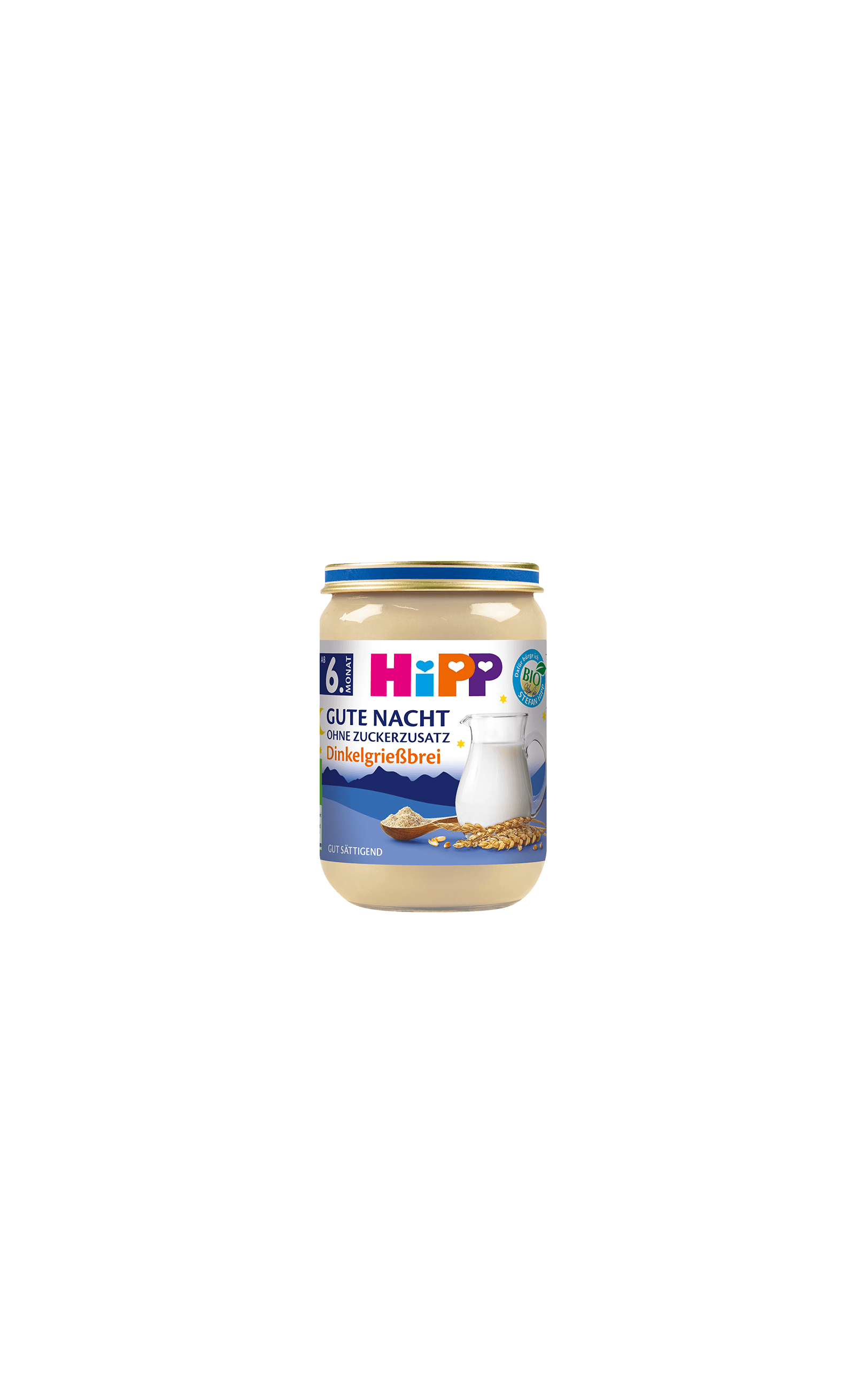 HiPP Gute Nacht Dinkelgrießbrei Bio-Gläschen ab 6. Monat ohne Zuckerzusatz mit Milch und Dinkelflocken auf dunklem Hintergrund