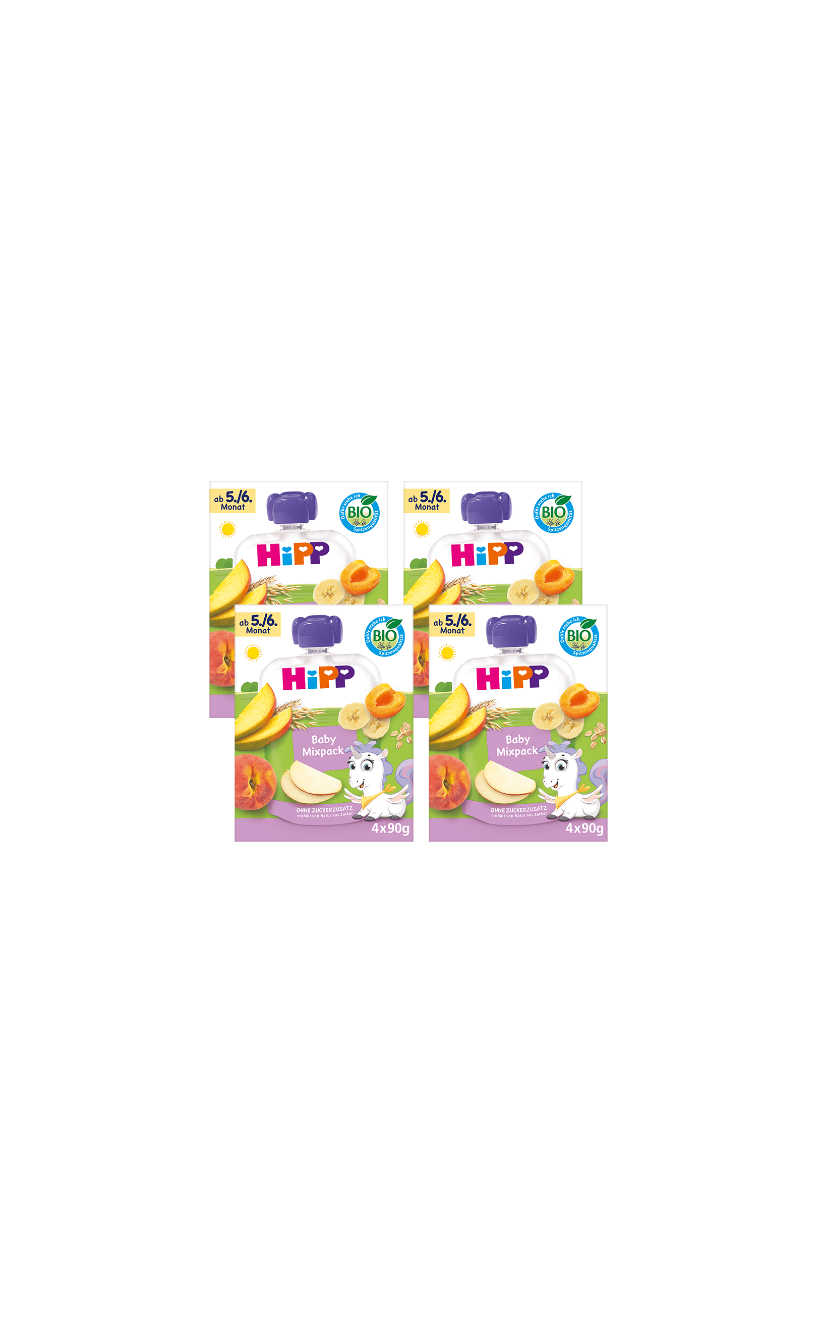 Vier HiPP Bio Baby Mixpack Boxen mit je 4x90g Frucht-Quetschbeuteln ab dem 5./6. Monat, mit Pfirsich, Banane und Einhornmotiv
