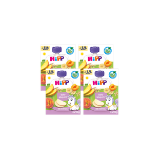 Vier HiPP Bio Baby Mixpack Boxen mit je 4x90g Frucht-Quetschbeuteln ab dem 5./6. Monat, mit Pfirsich, Banane und Einhornmotiv
